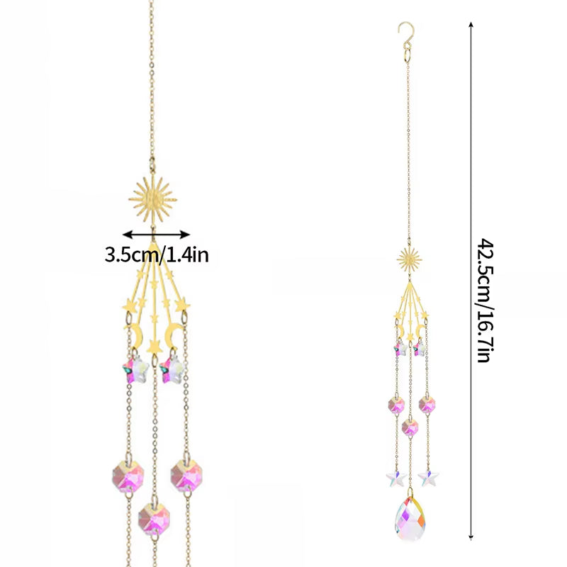 Delicate hanging crystal suncatcher with pink beads and gold starburst accent