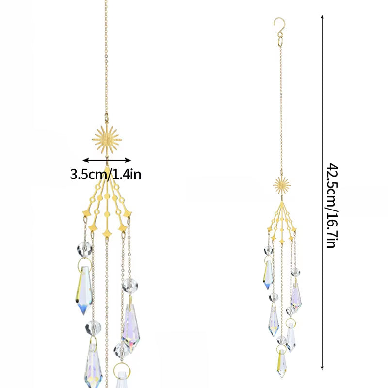 Dangling crystal suncatcher with gold starburst and hanging prisms in colorful design