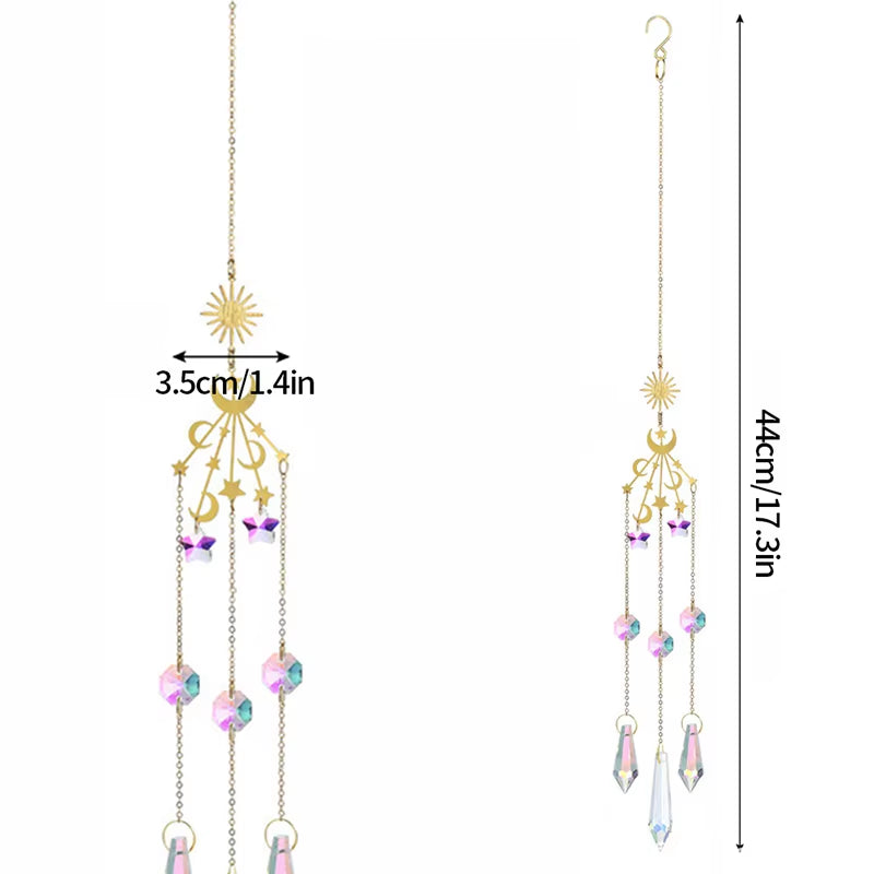 Delicate crystal suncatcher with gold starburst and pink-purple beads for decor