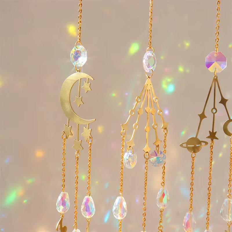 Delicate golden moon and star suncatchers with crystal beads in Crystal Wind Chimes