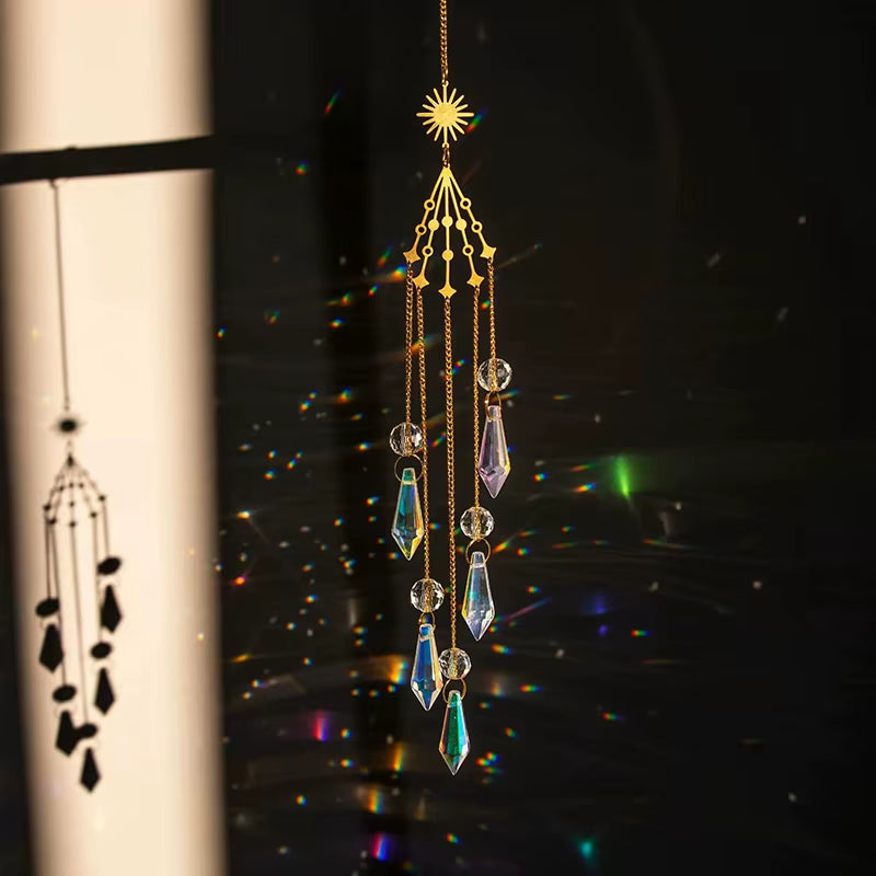 Crystal Wind Chimes featuring gold-toned star design with dangling prisms