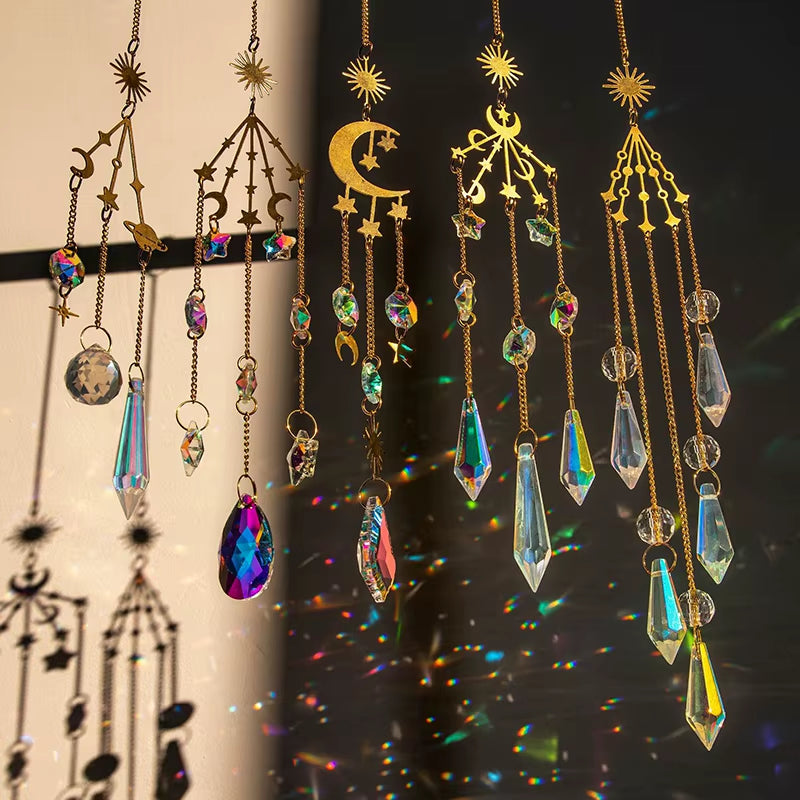 Crystal Wind Chimes with golden celestial designs and colorful suncatchers hanging