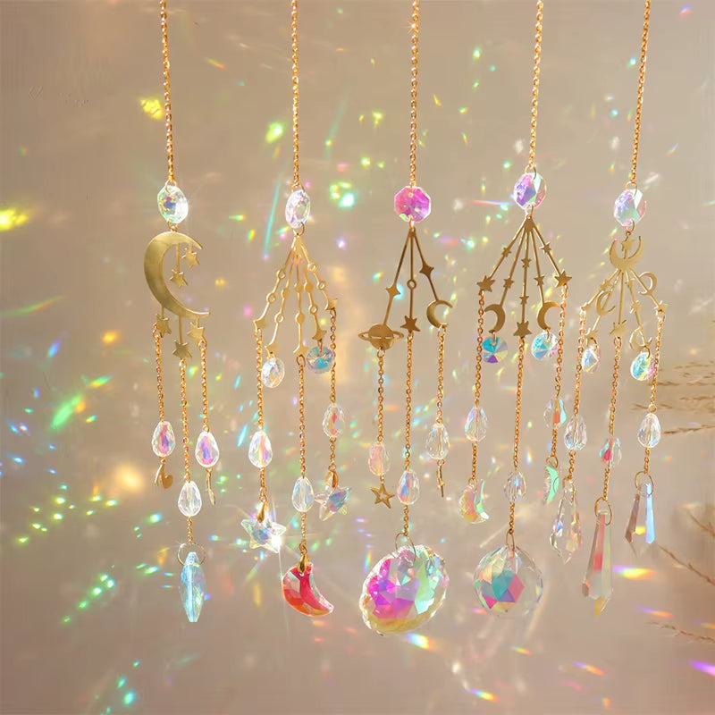 Hanging crystal suncatchers with moons and prisms in Crystal Wind Chimes design