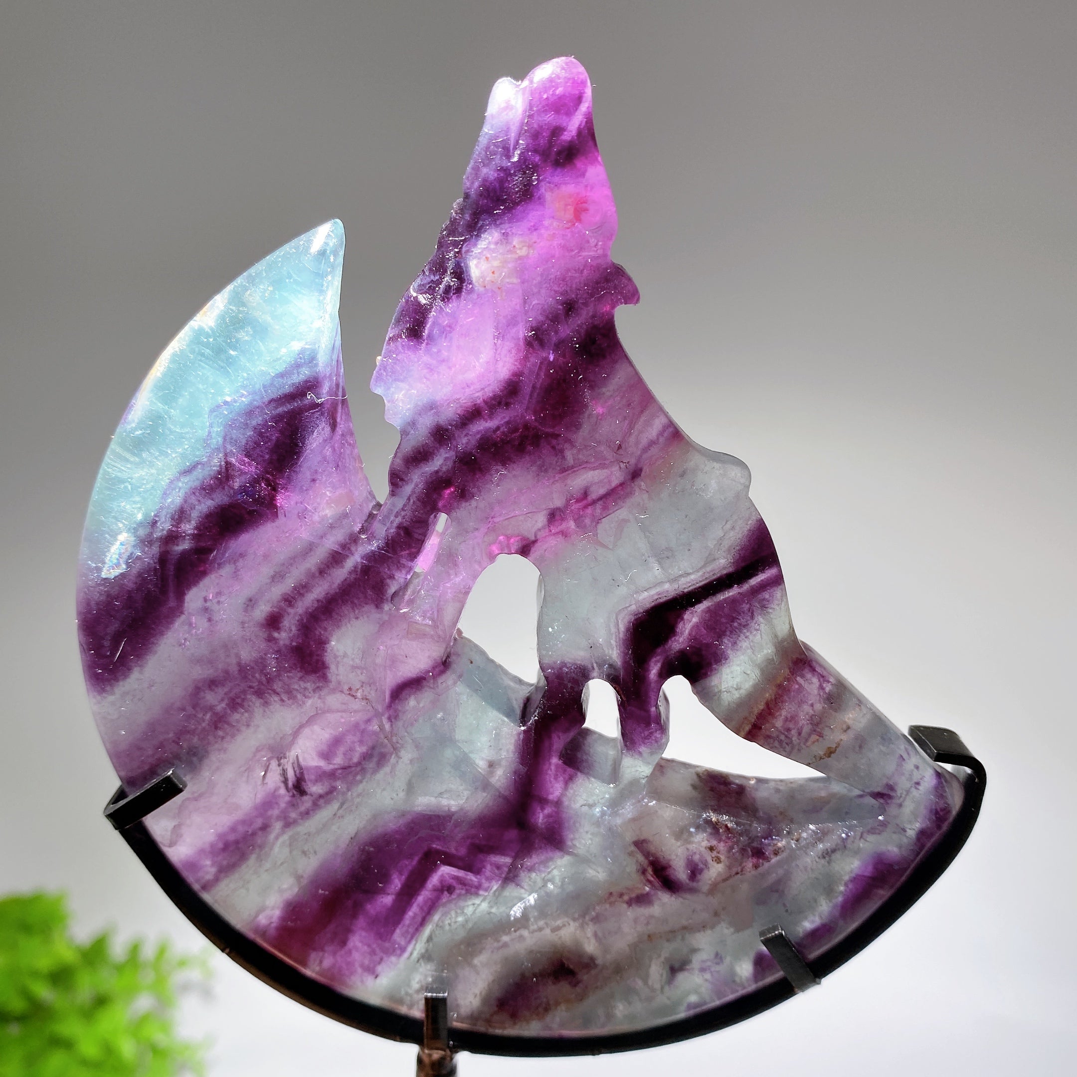 Crystal Wolf Carving on Moon Crystal Statue 4.2in