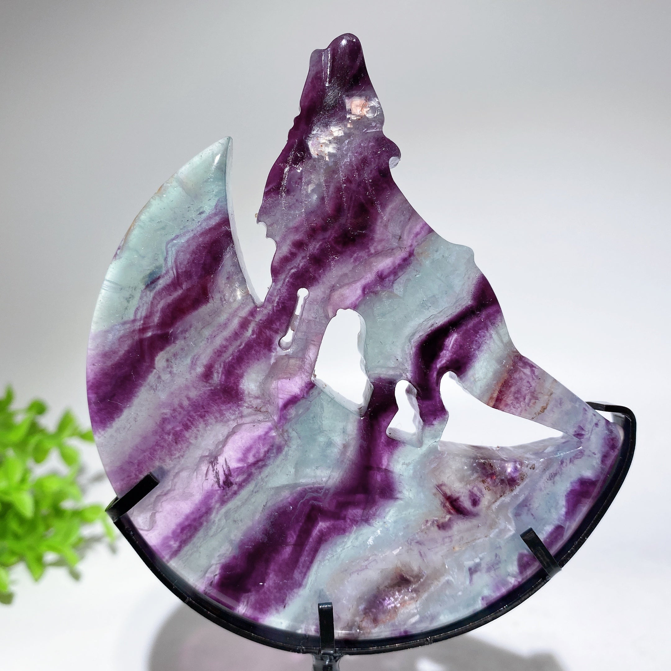 Crystal Wolf Carving on Moon Crystal Statue 4.2in