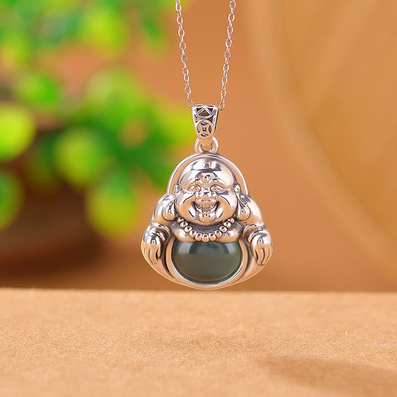 Cyan Jade Buddha Necklace for Success & Healing | 999 Silver