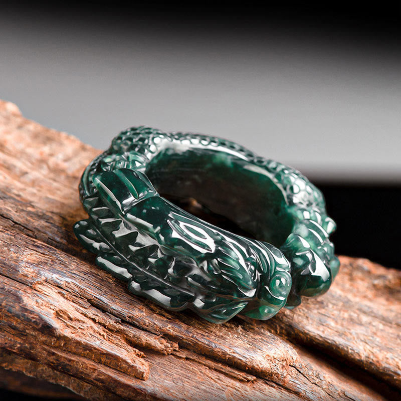 Cyan Jade Dragon Carved Success Ring 21-22mm