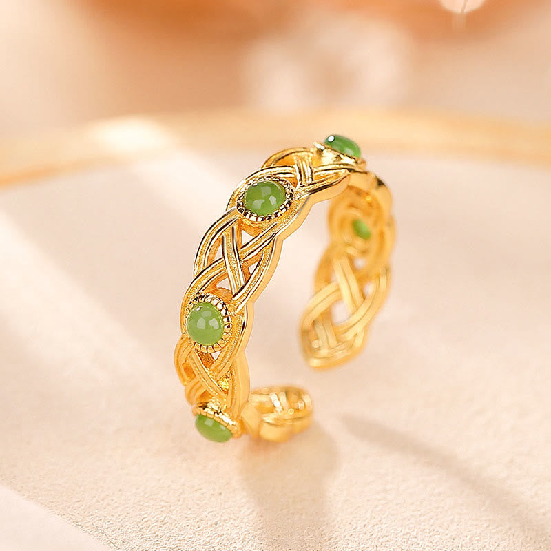 Cyan Jade Gold Plated Silver 925 Braided Success Ring