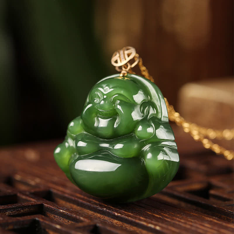 Cyan Jade Laughing Buddha Success Pendant | 925 Silver & 18K Gold
