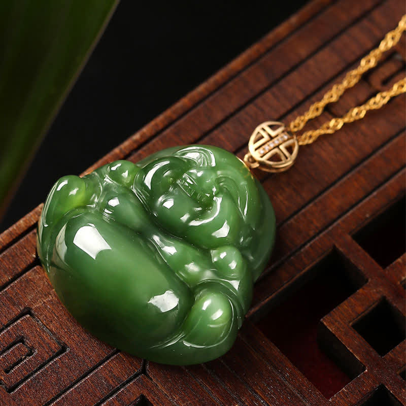 Cyan Jade Laughing Buddha Success Pendant | 925 Silver & 18K Gold