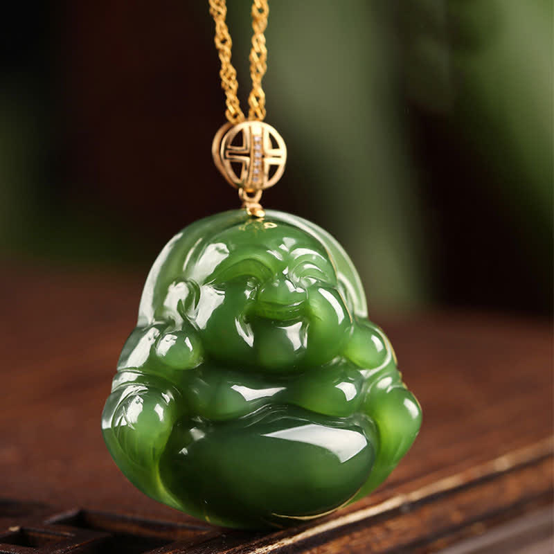 Cyan Jade Laughing Buddha Success Pendant | 925 Silver & 18K Gold