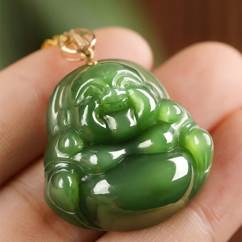 Cyan Jade Laughing Buddha Success Pendant | 925 Silver & 18K Gold