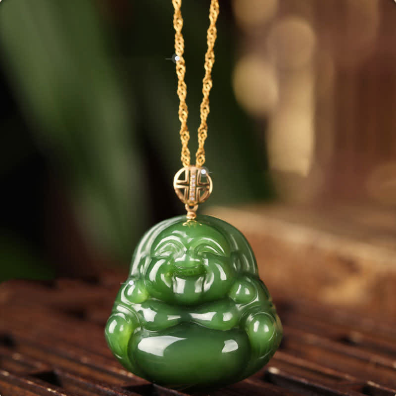 Cyan Jade Laughing Buddha Success Pendant | 925 Silver & 18K Gold