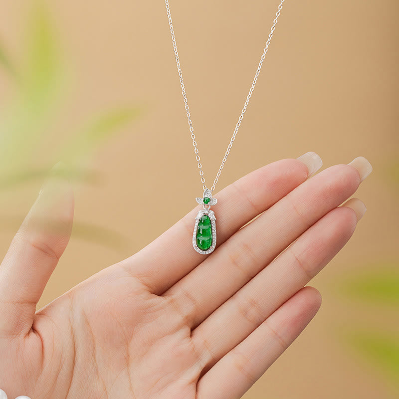Cyan Jade Pea Design Luck Healing Necklace in 925 Silver
