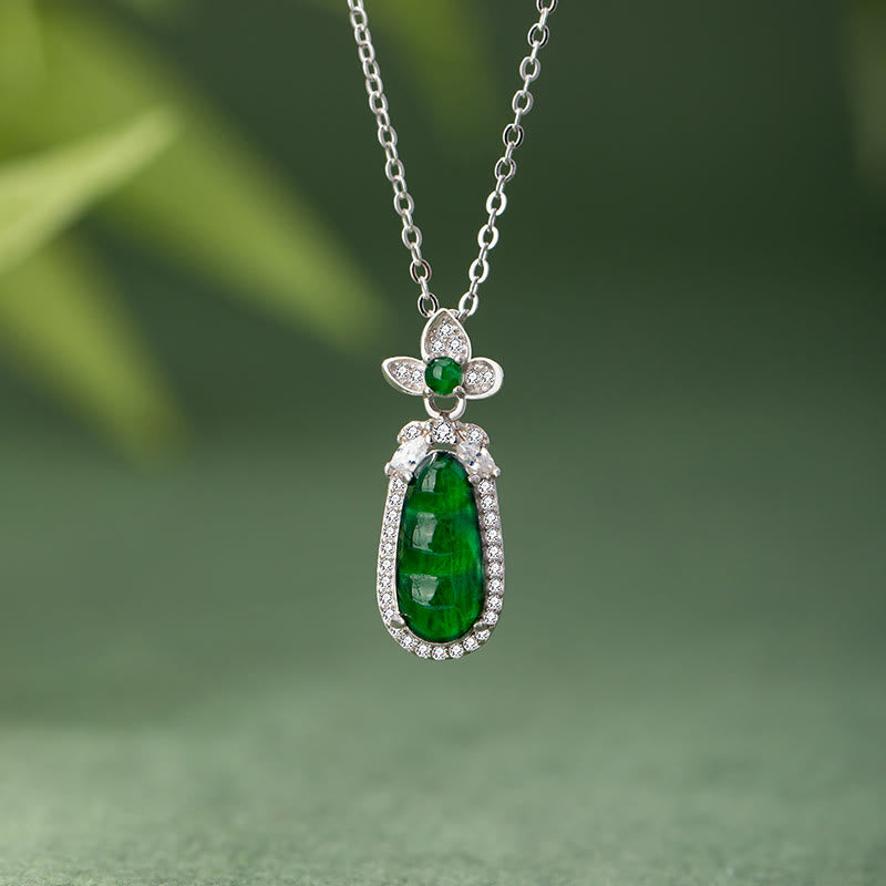 Cyan Jade Pea Design Luck Healing Necklace in 925 Silver