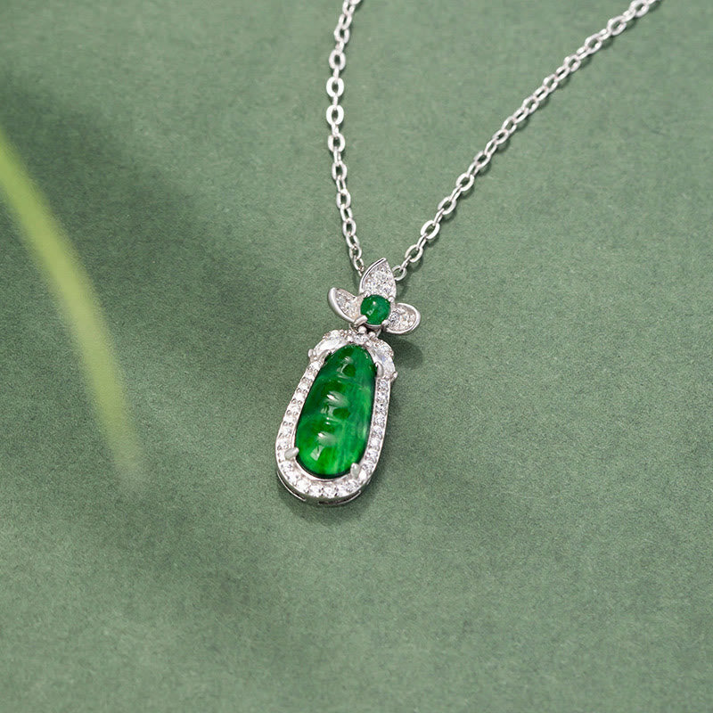 Cyan Jade Pea Design Luck Healing Necklace in 925 Silver