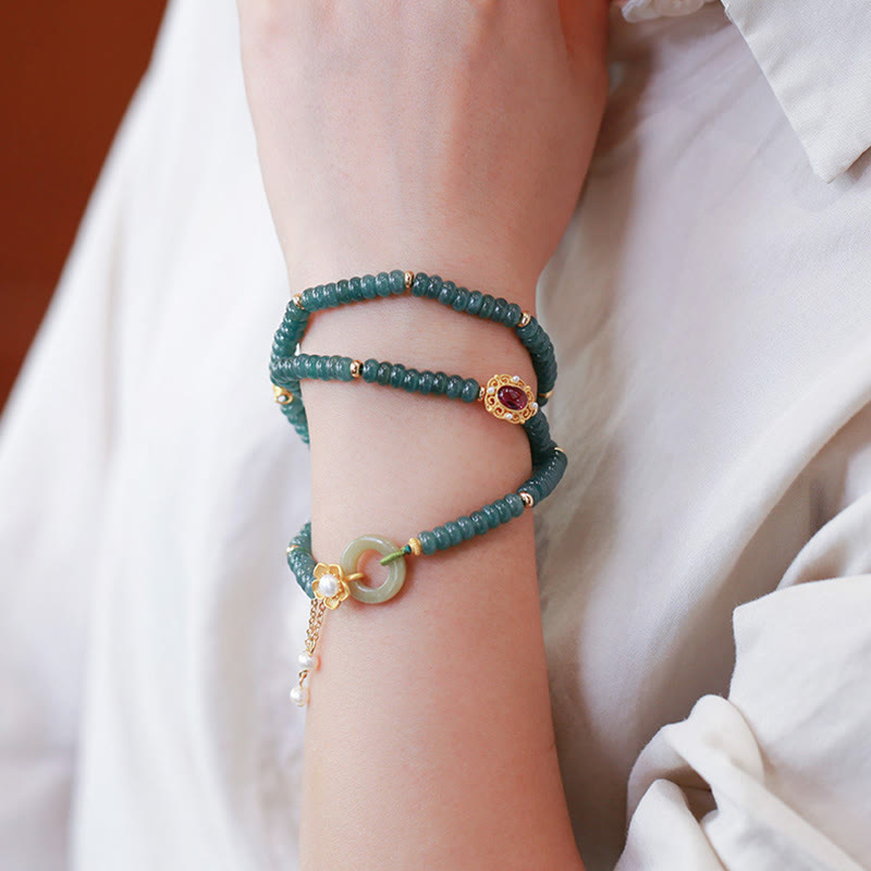 Cyan Jade Success Triple Wrap Bracelet with Silver Peace Buckle