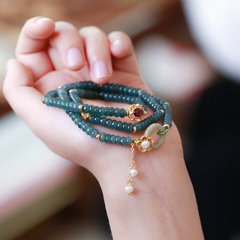 Cyan Jade Success Triple Wrap Bracelet with Silver Peace Buckle