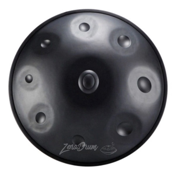 Black D Celtic Handpan Drum showcasing circular tone fields for tranquil music