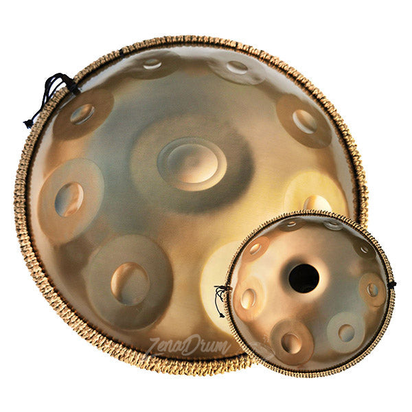 D Minor 17-Note Handpan Drum Instrument with smaller companion drum displayed