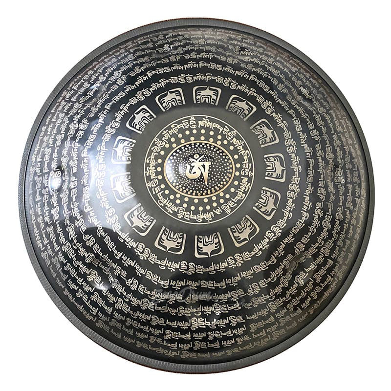 Circular metal plate featuring intricate Sanskrit text on D Minor Handpan Drum