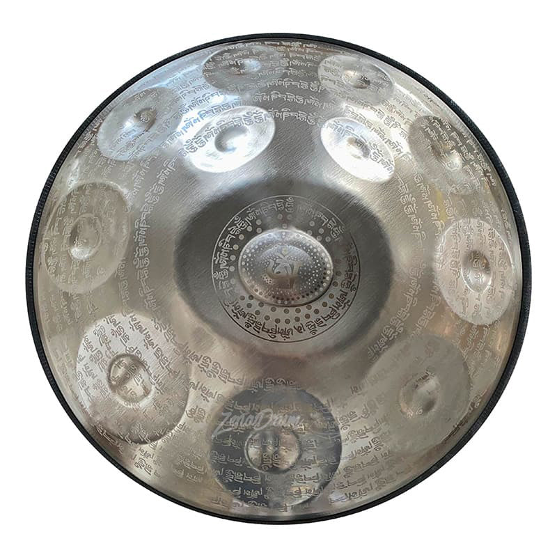 Metallic D Minor Handpan Drum with symmetrical tone fields for meditation and music