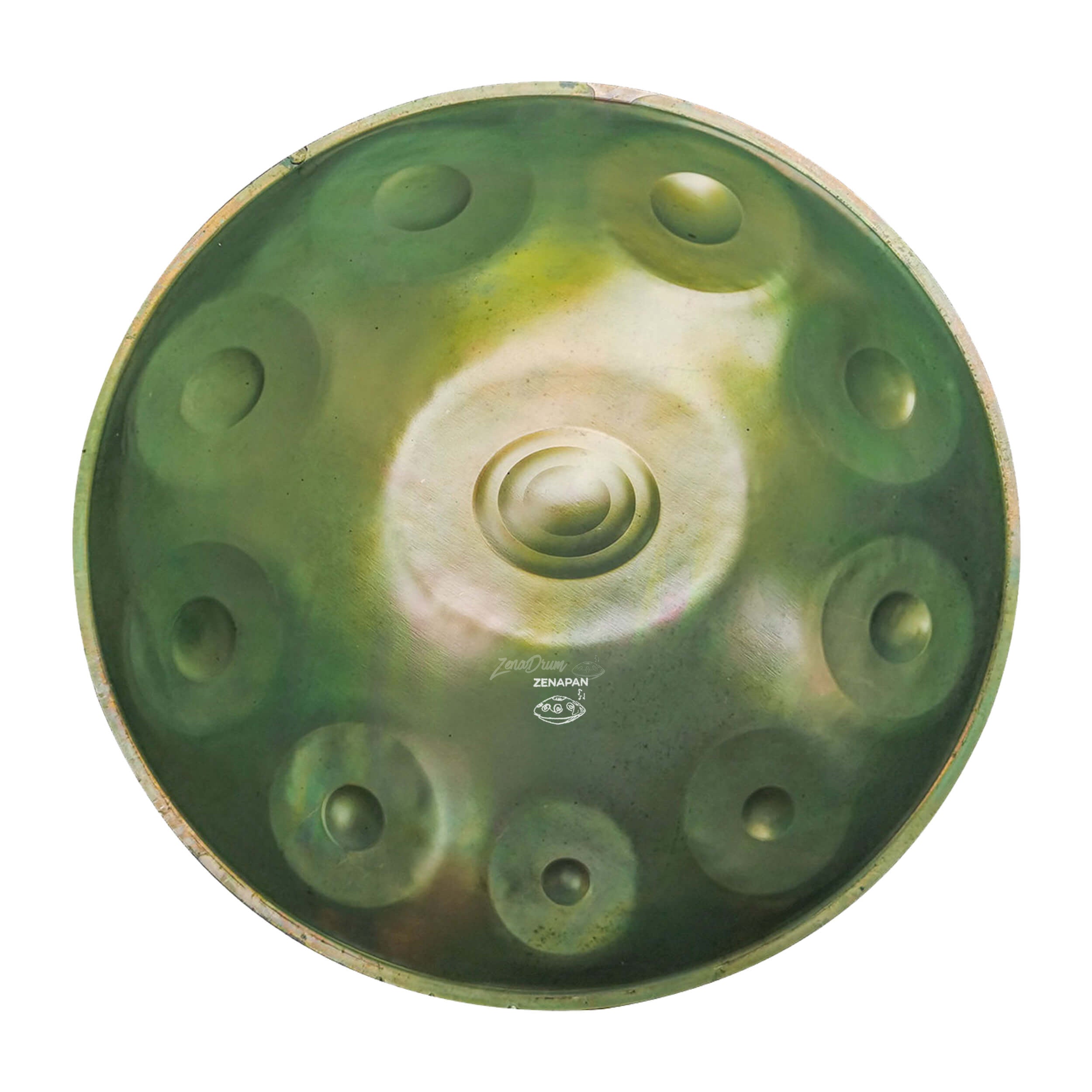 D Minor Handpan Drum with green surface and multiple tone fields for sale