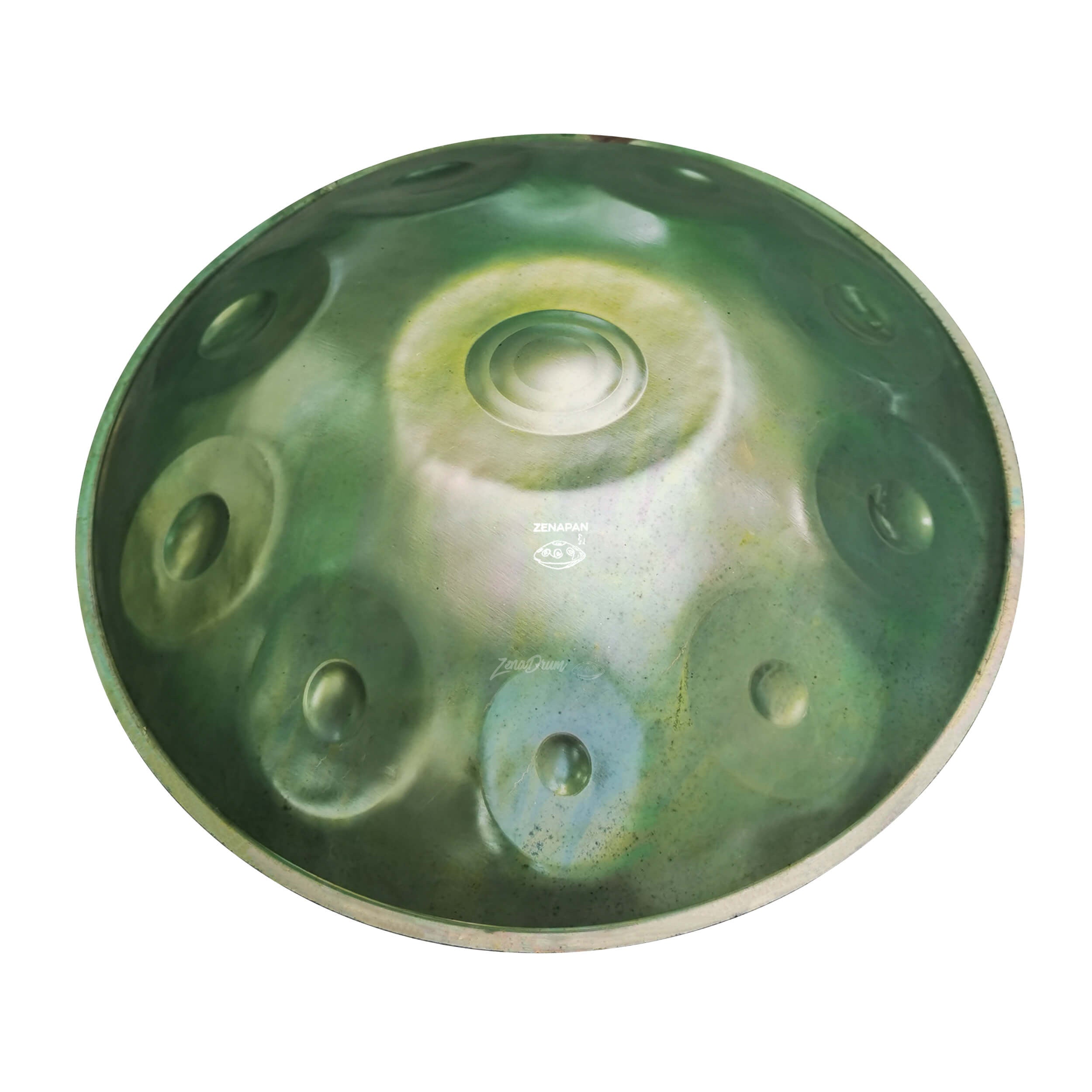 Green D Minor Handpan Drum with circular tone fields for sale, 432/440 Hz