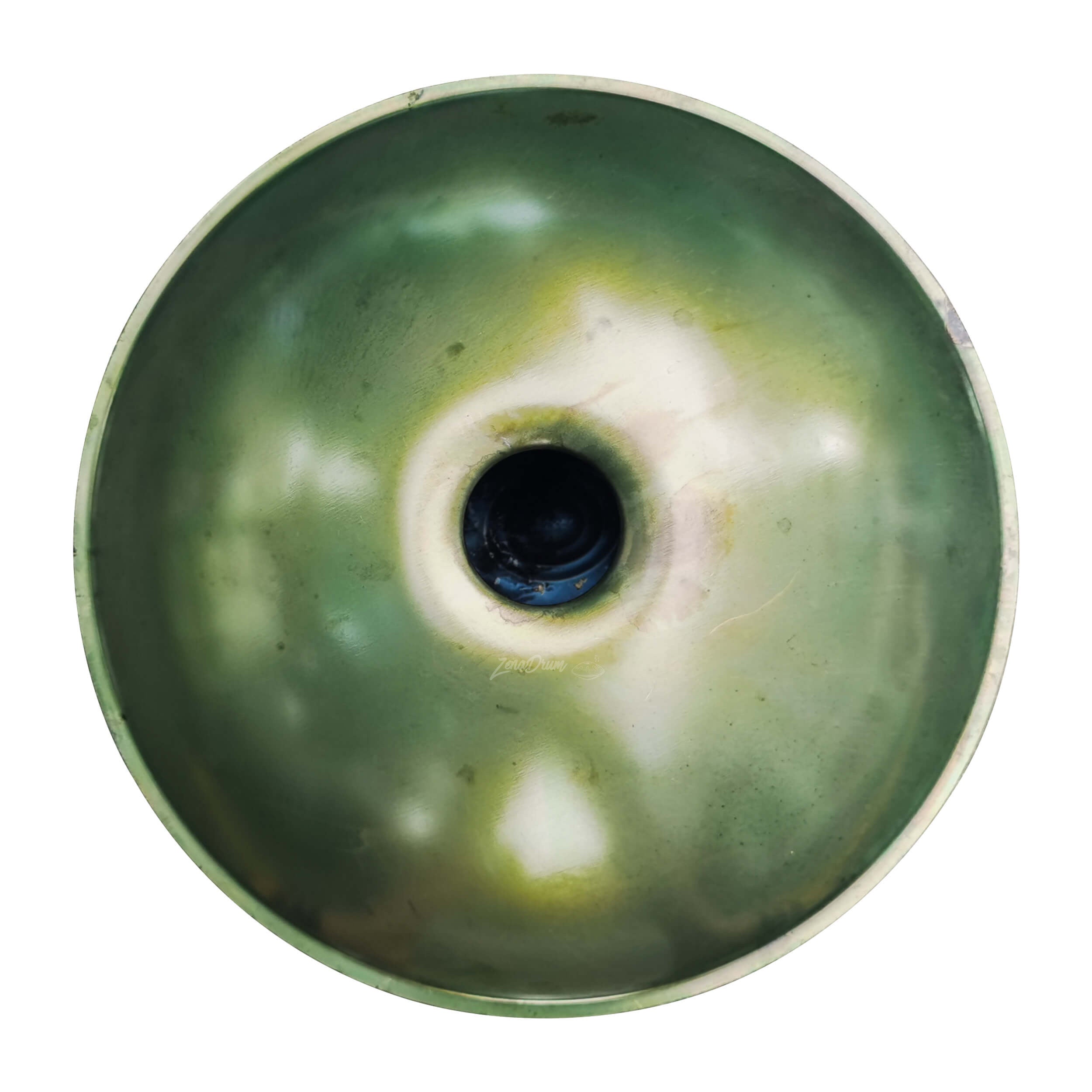 Green ceramic donut-shaped vessel with dark center for D Minor Handpan Drum