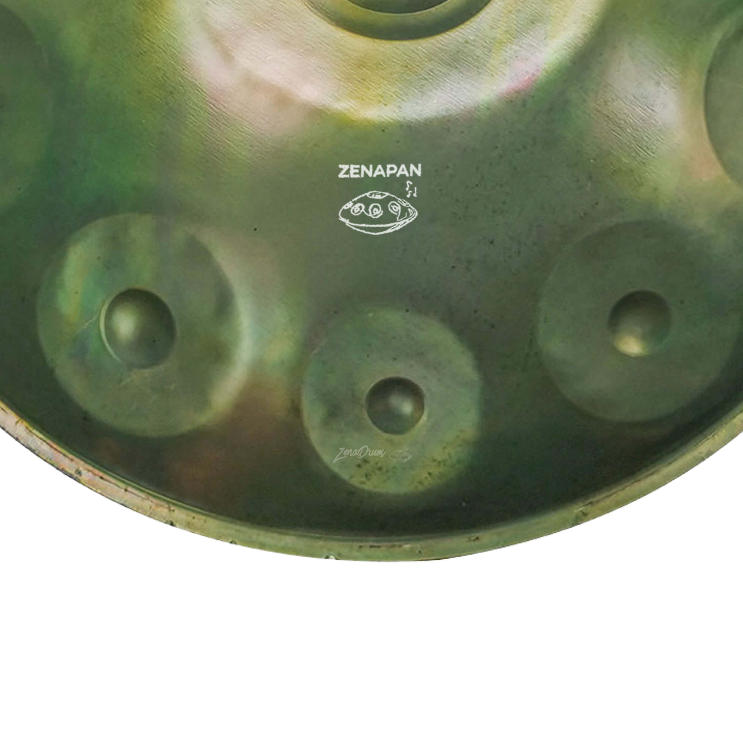 D Minor Handpan Drum with green metallic finish and circular tone fields for sale