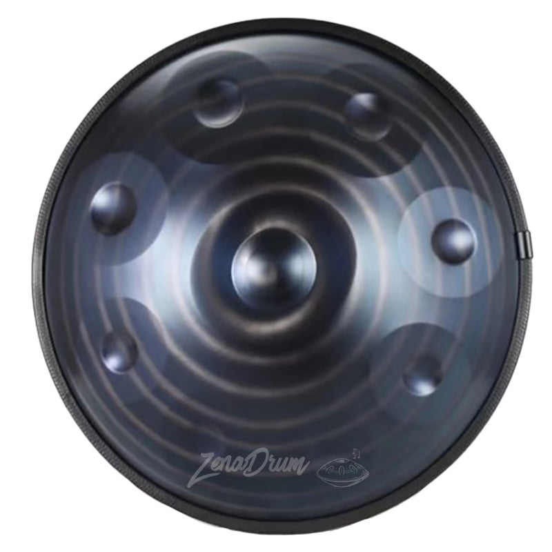 D Minor Kurd Handpan Drum with dark metallic surface and ripple patterns for sale