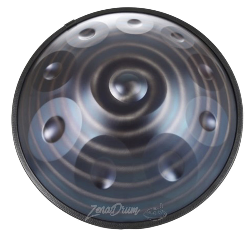 D Minor Kurd Handpan Drum with spiral pattern and metallic gray tones for sale