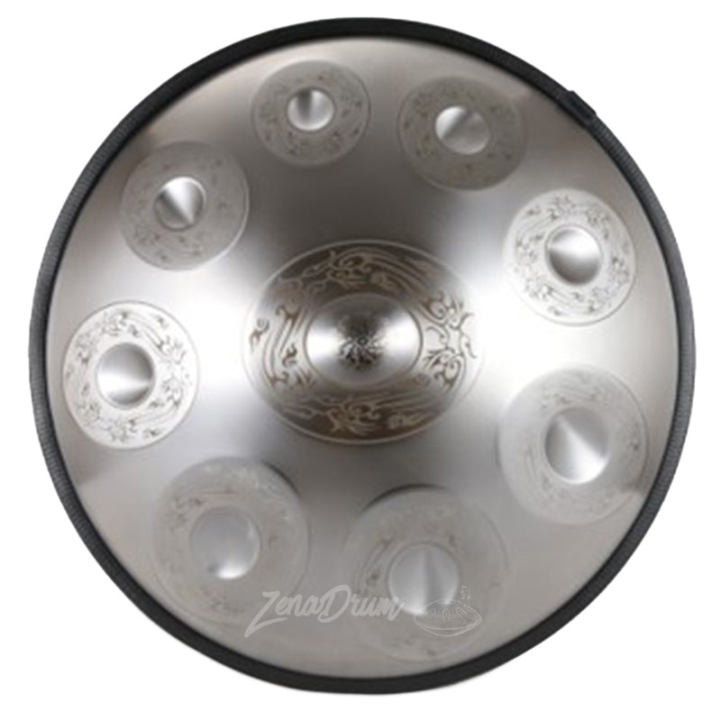 D Minor Kurd Handpan Drum with dimpled tone fields in a circular pattern