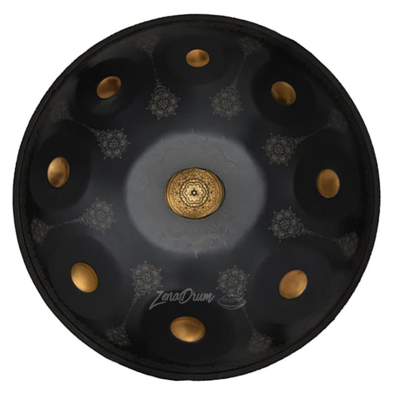 Black D Minor Kurd Handpan Drum with golden tone fields and snowflake patterns