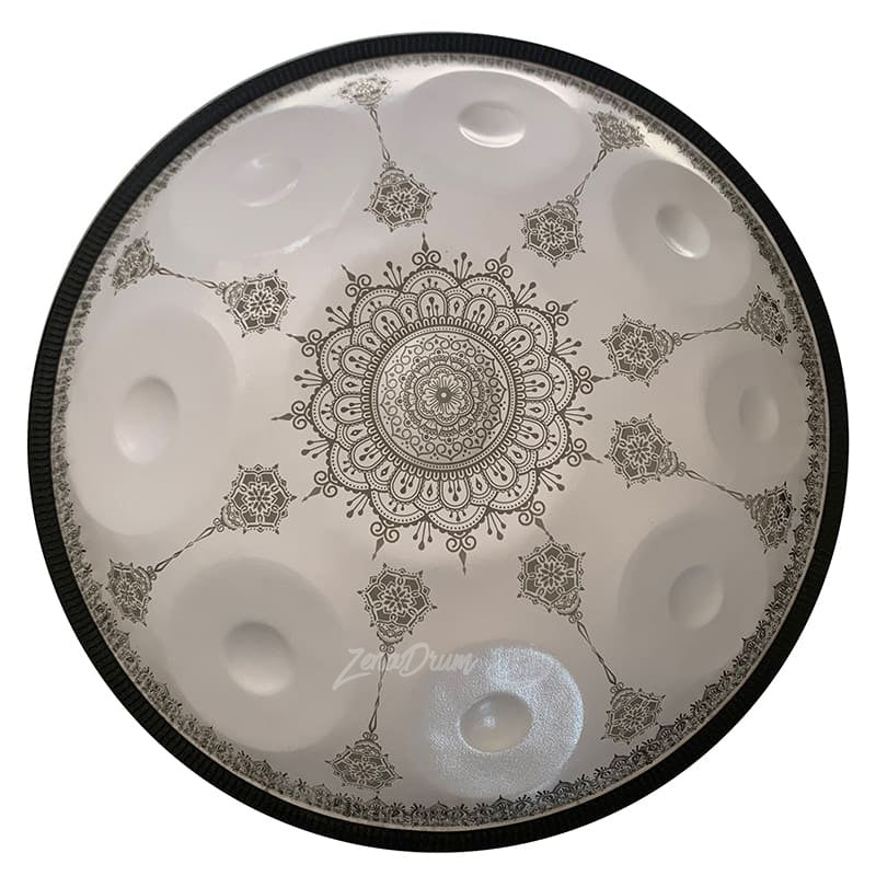 Circular D Minor Kurd Handpan Drum with intricate mandala pattern etched surface