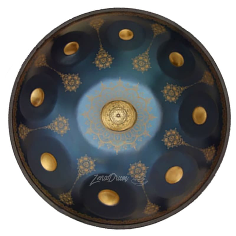 Circular D Minor Kurd Handpan Drum with blue-black finish and golden patterns