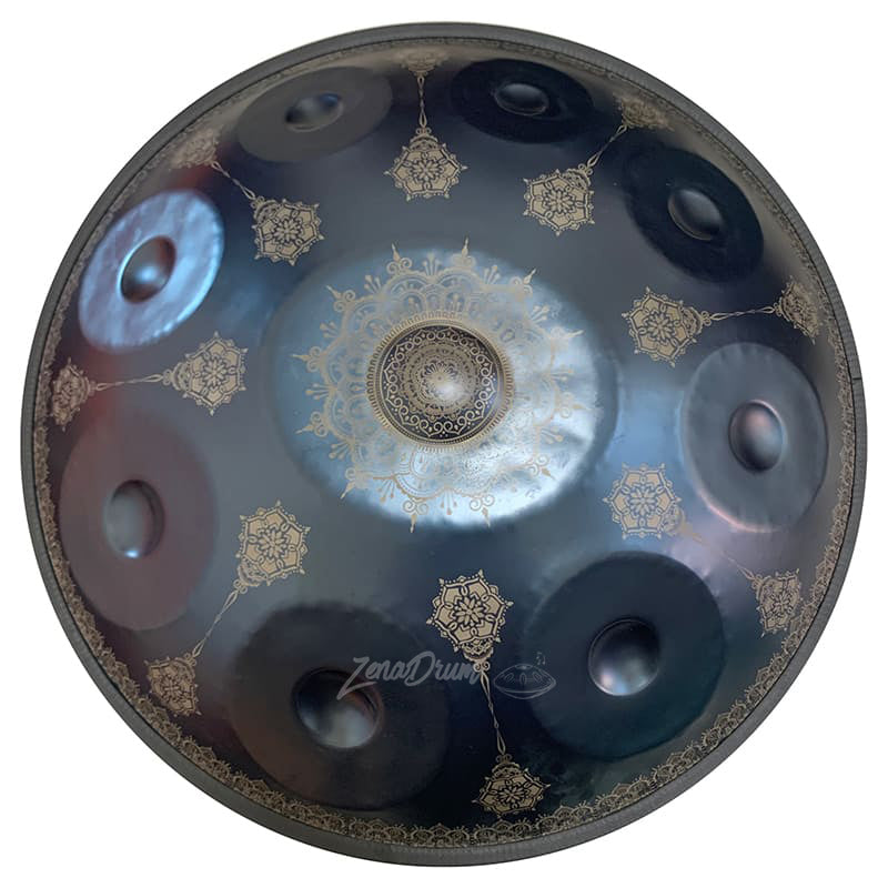 D Minor Kurd Handpan Drum with ornate mandala designs and metallic finish for sale