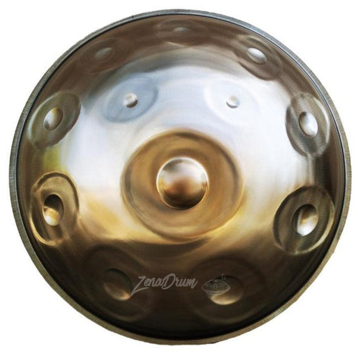 Metallic D Minor Kurd Handpan Drum with circular dimpled tone fields for all skill levels