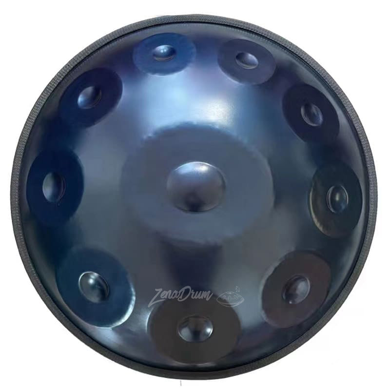 Metallic blue D Minor Kurd Handpan Drum with circular tone fields for beginners