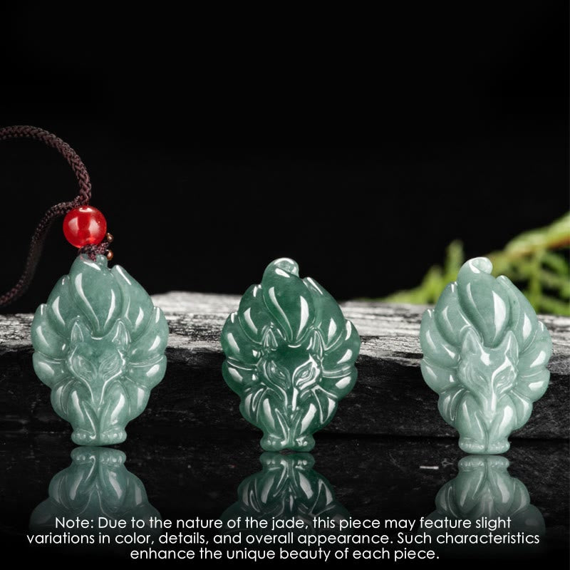 Green Jade Nine Tailed Fox Luck Necklace Pendant