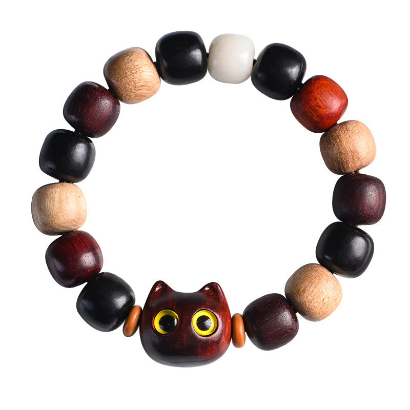 Small Leaf Red Sandalwood Protection Bracelet with Cute Cat Engraving
