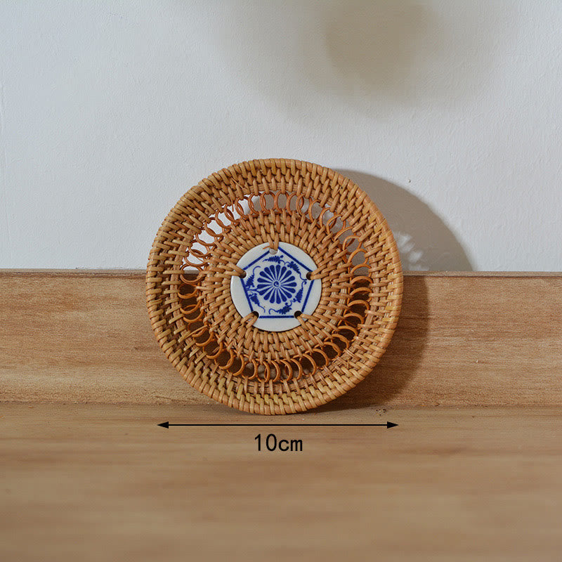 Ceramic Flower Pattern Rattan Cup Mat | 10cm Coaster