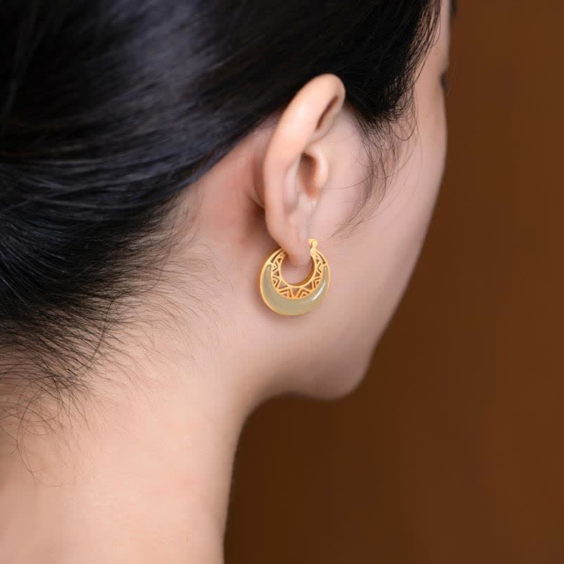 Crescent Moon Jade Prosperity Drop Earrings 23x21mm