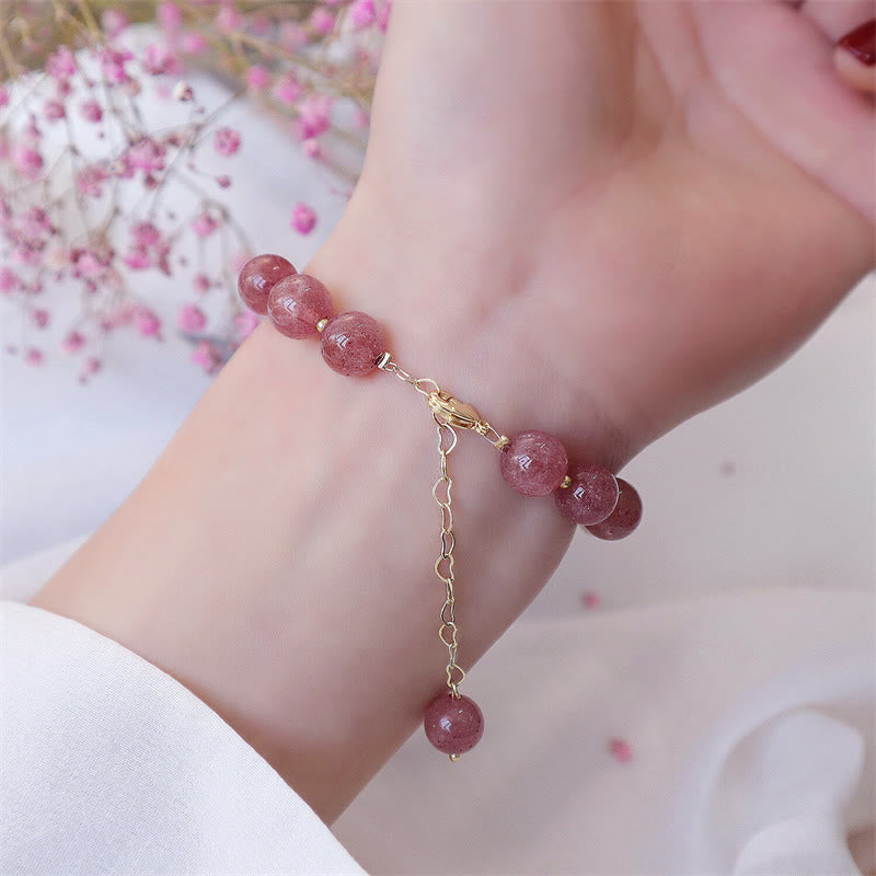 Strawberry Quartz Love Bracelet with Pearl and Four Leaf Clover Charm