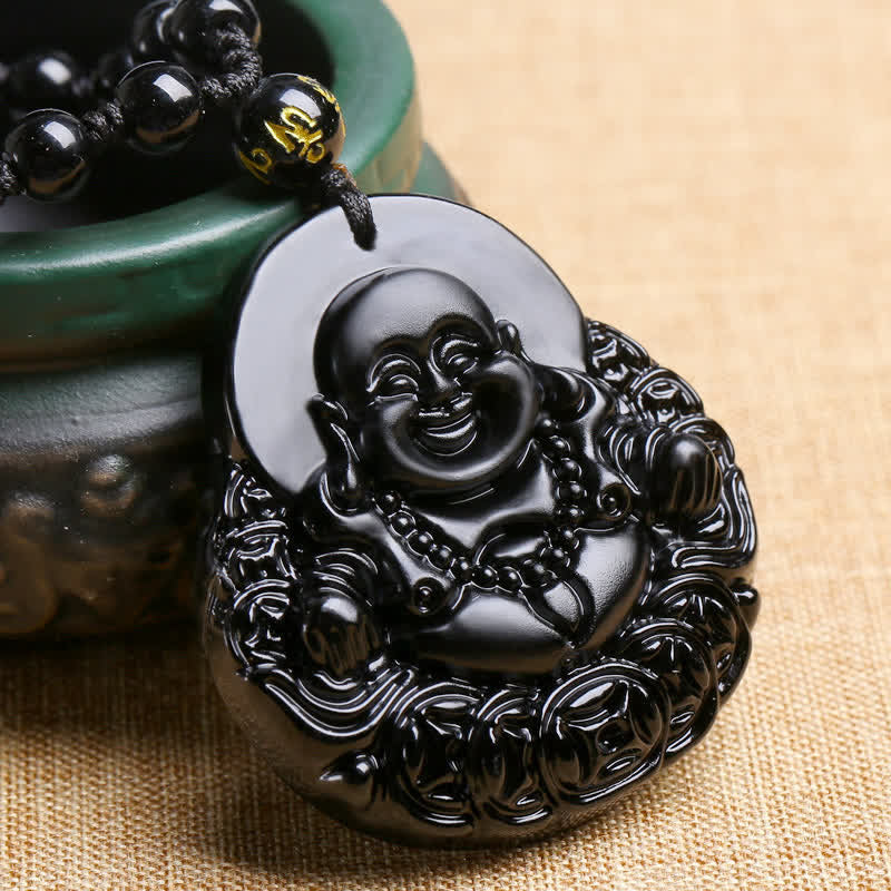 Black Obsidian Laughing Buddha Strength Protection Necklace