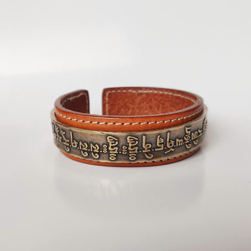 Om Mani Padme Hum Copper Leather Peace Cuff Bracelet Unisex