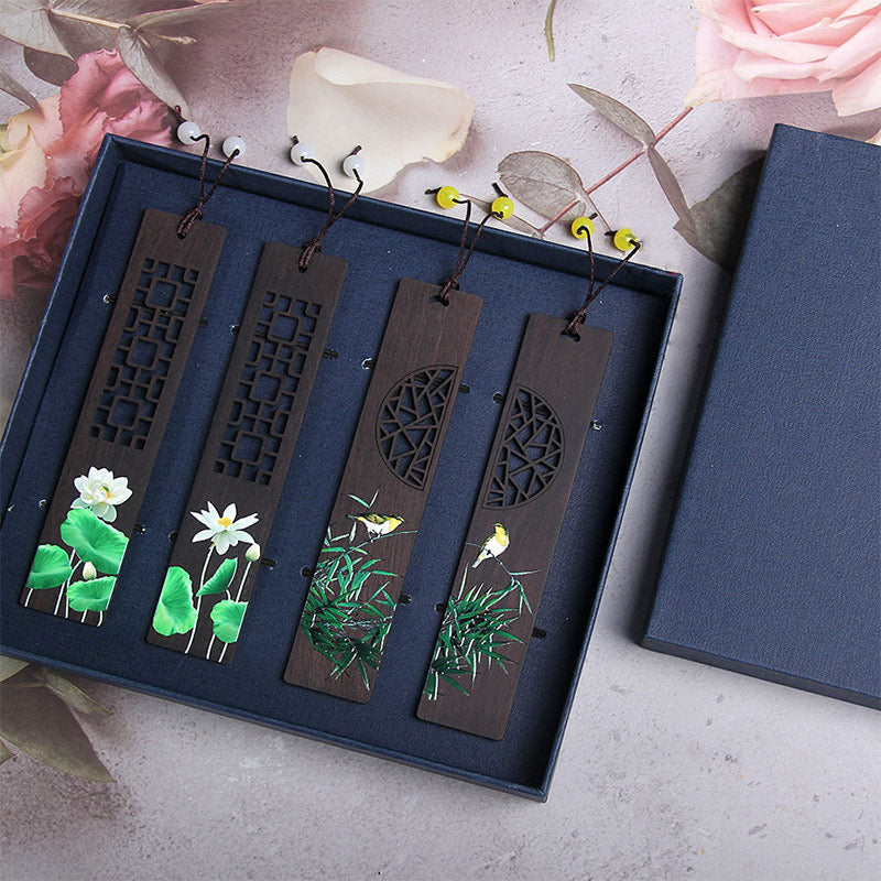 Ebony Wood Zen Bookmark with Green Lotus and Oriole Design