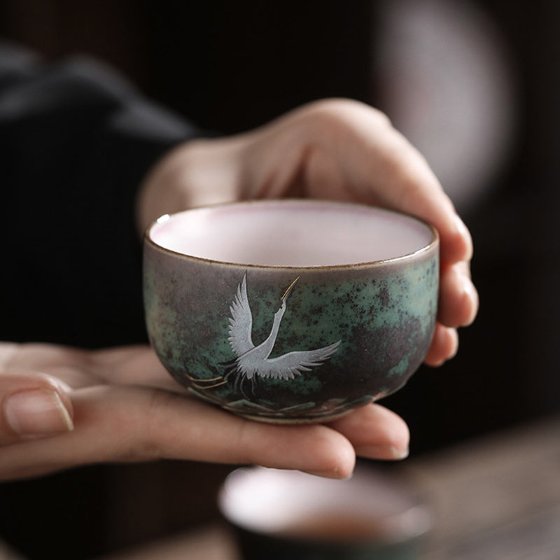 Auspicious Crane Ceramic Tea Cup for Meditation & Ritual