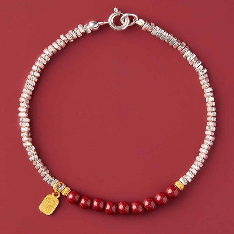 925 Sterling Silver Cinnabar Bracelet with Fu Character Blessing