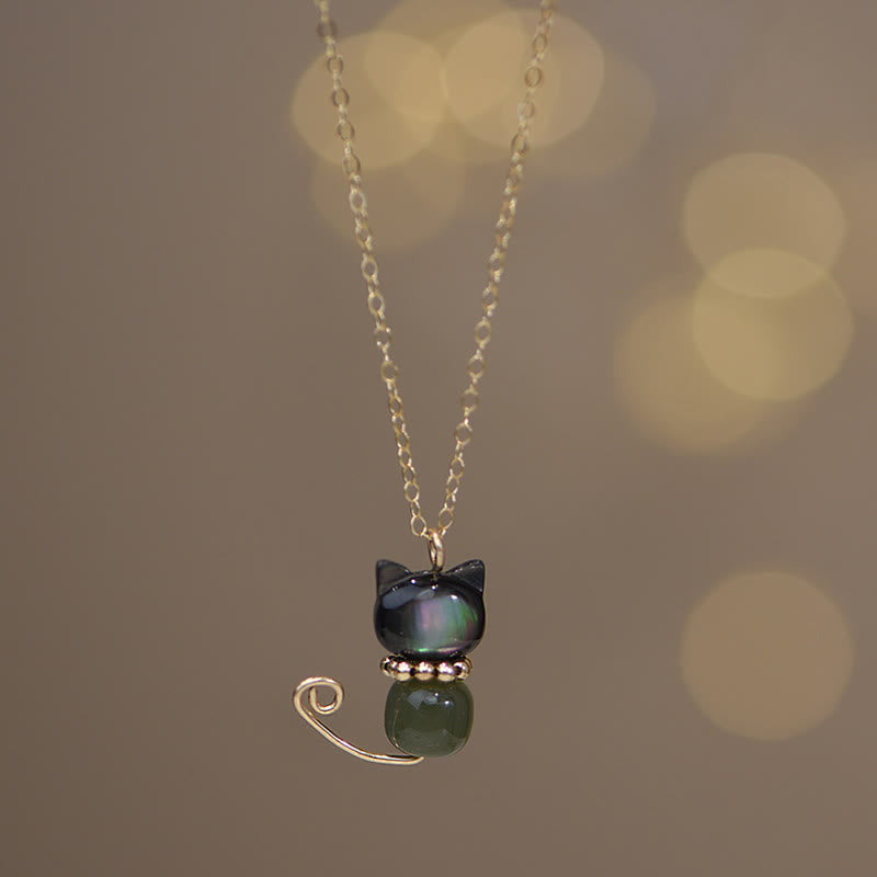 14K Gold Plated Jade Luck Cat Pendant Necklace